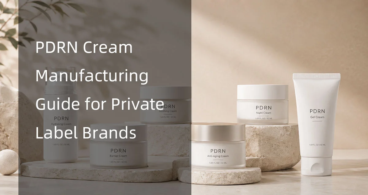 A display of PDRN cream products on beige stone surfaces with text overlay about a manufacturing guide for private label brands.